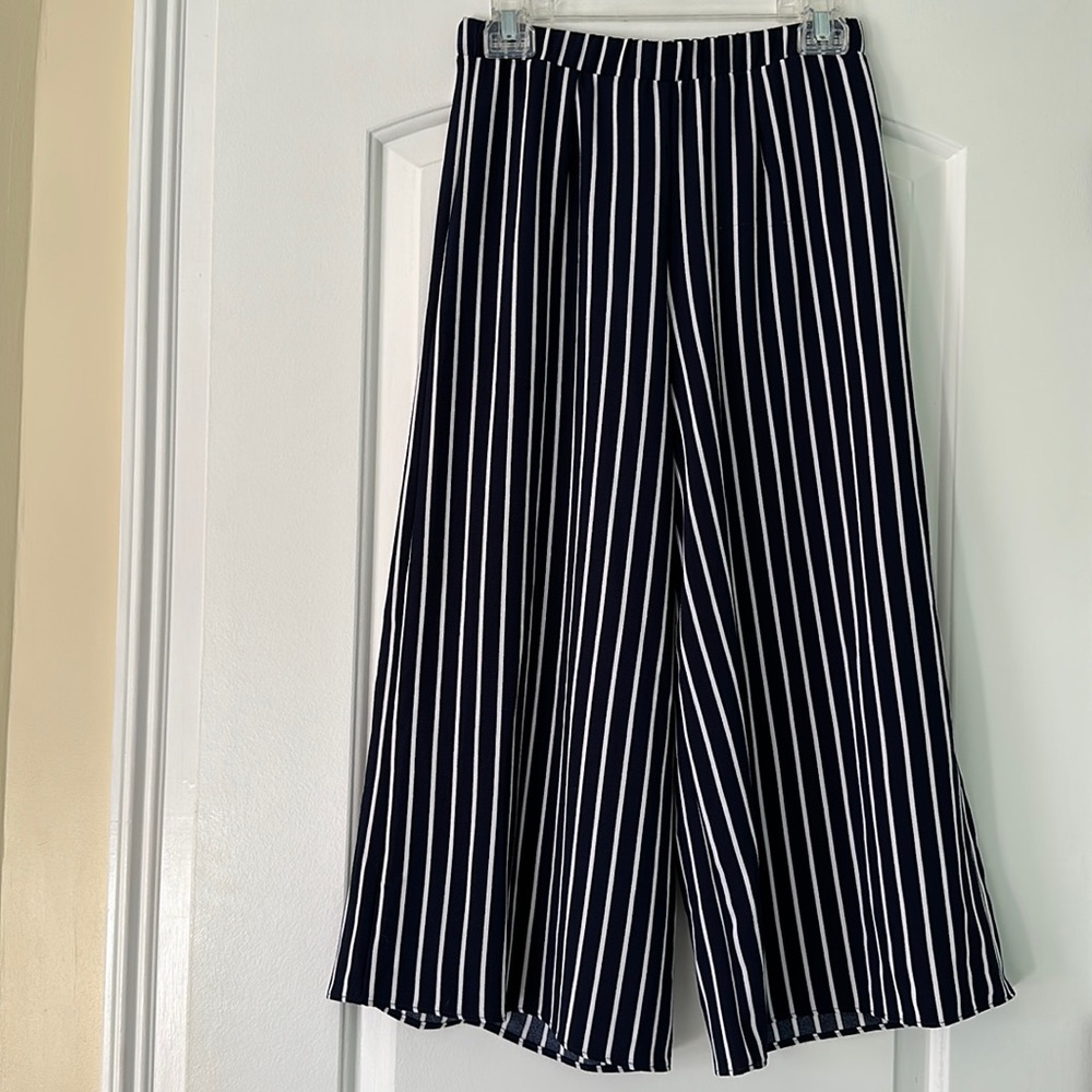 Navy Blue & White Striped Dressy Pants
